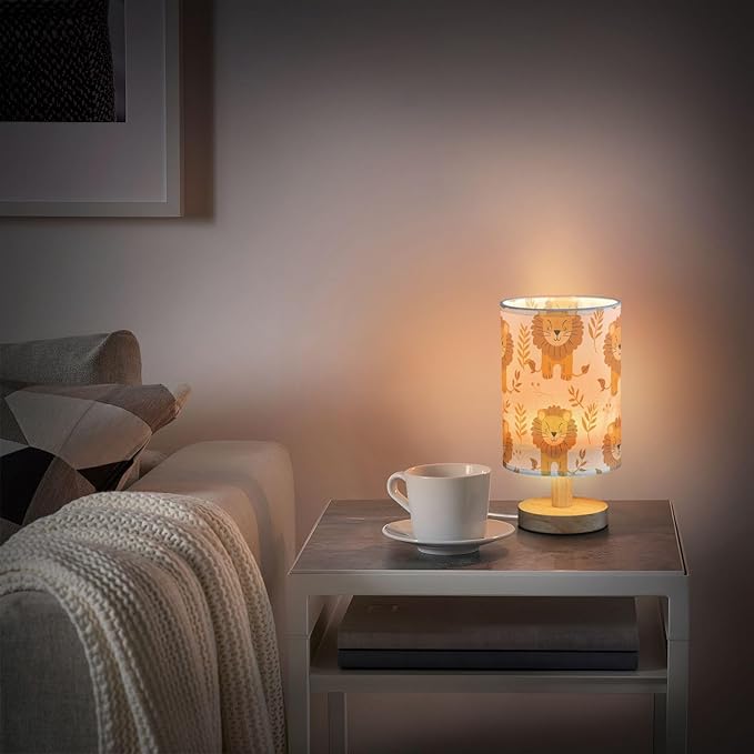 Bedside Table Lamp Cute Lion Leaves Nightstand Lamp with Wood Desk Lamps for Bedroom Living Room Nursery Office Home Decor