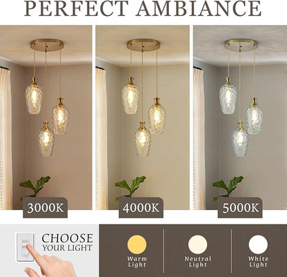 3-Light Pendant Lighting, Modern Brushed Gold Dining Room Chandelier Light Fixture Over Table with Hammered Glass, Brass Cluster Hanging Lights for Kitchen Island Dining Room Bedroom, E26