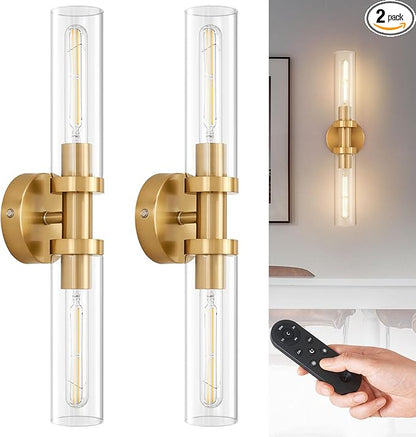 SANTOSTOCK Gold Battery Operated Wall Sconce Set of 2, 12000mAh Rechargeable Wall Lights with Remote Control, Wireless Dimmable Wall Lamps for Bedroom Living Room Bathroom Hallway Stairwell