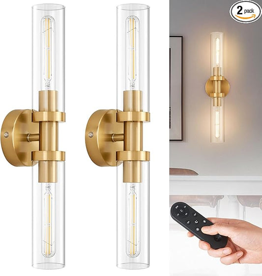SANTOSTOCK Gold Battery Operated Wall Sconce Set of 2, 12000mAh Rechargeable Wall Lights with Remote Control, Wireless Dimmable Wall Lamps for Bedroom Living Room Bathroom Hallway Stairwell