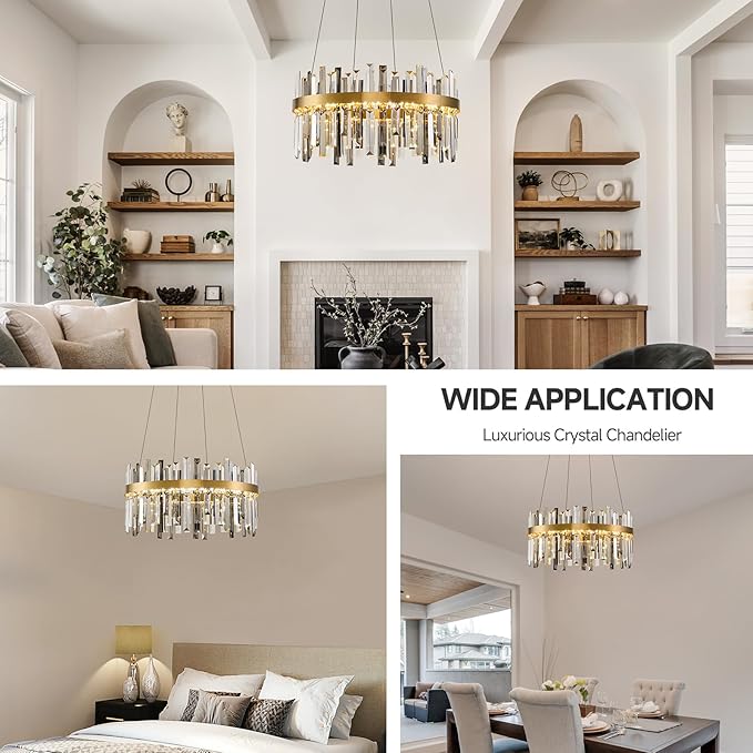 Gold Led Modern Crystal Chandelier: 19.7" Round Contemporary 3 Color Dimmable Dining Room Light Fixture over Table - Smoke Grey & Clear Crystals Chandeliers for Bedroom Living Kitchen Entryway Foyer