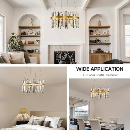 Gold Led Modern Crystal Chandelier: 19.7" Round Contemporary 3 Color Dimmable Dining Room Light Fixture over Table - Smoke Grey & Clear Crystals Chandeliers for Bedroom Living Kitchen Entryway Foyer