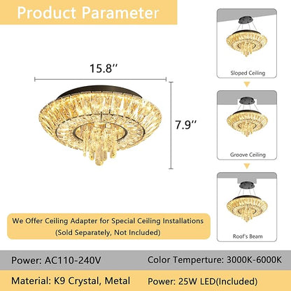 Crystal Chandelier 25W Modern Round Ceiling Light Fixture LED Raindrop Chandeliers Dimmable with Remote for Dining Room Living Room Entryway Hallway Bedroom Black