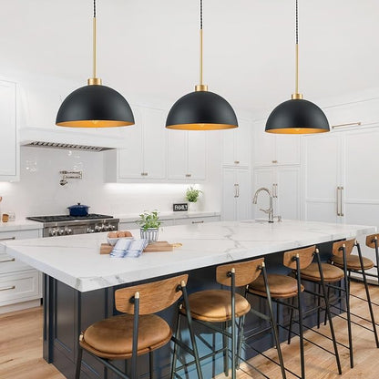 2 Pack Farmhouse Kitchen Island Pendant Lights, Black and Gold Dome Pendant Light Fixture with Metal Shade, Industrial Hanging Lighting for Dining Room Entryway Foyer, Height Adjustable