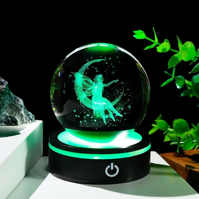 YWHL 3D Crystal Moon Figurine with Colorful LED Base, Laser Fairy Gifts for Women Girls on Christmas Birthday, Glass Globe Decorative Ball for Fairy Lovers Home Decor (80mm)