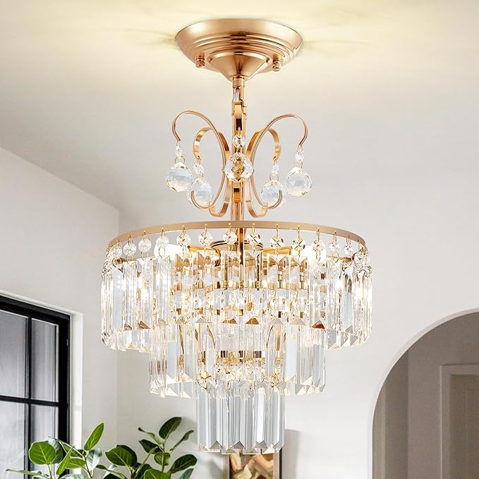 3-Light Gold Crystal Chandelier,Modern 3 Tier Semi Flush Mount Chandelier with G9 Base,Height Adjustable for Farmhouse Living Room Dining Room Bedroom Kitchen Corridors