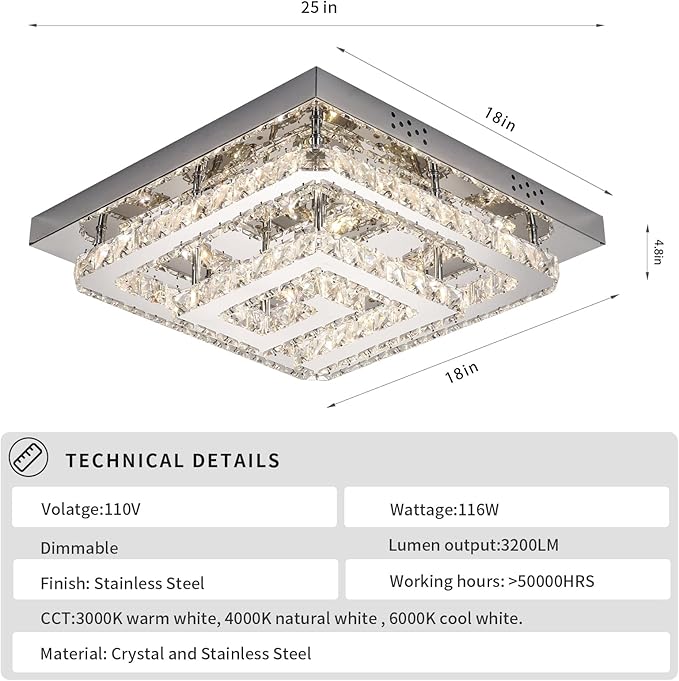 25" Crystal Chandelier with Remote/App Control, 3 Color Temperature Light Fixture & Brightness Adjustable, Modern Flush Mount LED Ceiling Light Fixture for Living Room Kitchen Hallway Dining Room