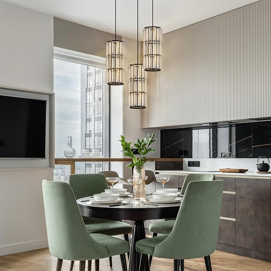 Black Pendant Lighting, Modern Crystal Mini Pendant Light Fixture, Adjustable 3-Pack Chandeliers for Kitchen Island, Dining Room, Bedroom