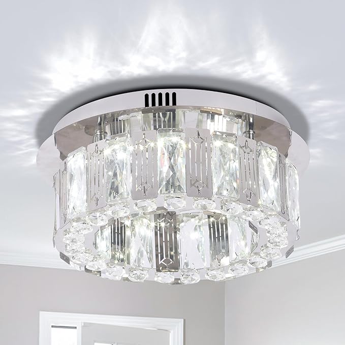 11.8" Modern Crystal Chandelier LED Ceiling Light Flush Mount Mini Ceiling Light Fixtures Crystal Round Chandeliers for Hallway Bedroom Cool White