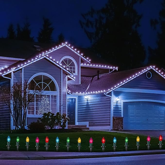 Abeja C9 Christmas Pathway Light Outdoor, 38Ft Multicolor Bulbs Christmas Pathway Lights with 25Stakes, Connectable Weatherproof Walkway Lights for Yard Lawn Sidewalk Garden Xmas Holiday Decor