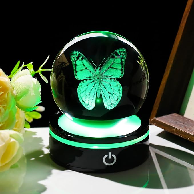 YWHL 3D Crystal Ball Butterfly Figurine with Colorful LED Base, Butterfly Gifts for Women Men on Christmas Birthday, Butterflies Ornament Glass Sphere Decorative Ball for Home Decor (80mm)