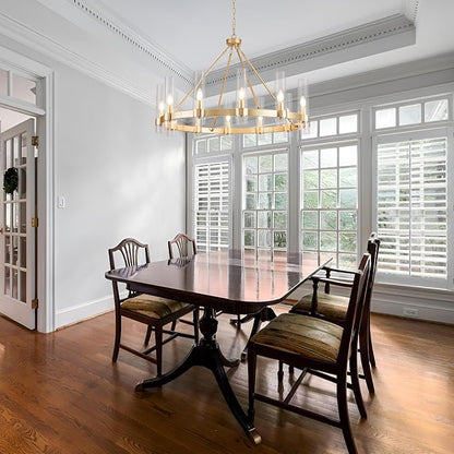 Wagon Wheel Chandelier, 12-Light Golden Farmhouse Round Chandelier, Industrial Lighting fixtures, Glass Pendant Light Suitable for Porch, Dining Room, Living Room, and Bedroom.