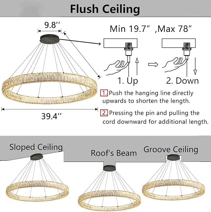HAIXIANG Modern Crystal Chandelier Dimmable Large Ring LED Pendant Lights Adjustable Glam Chandeliers Lighting Fixtures for Dining Room Living Room Bedroom Black Light