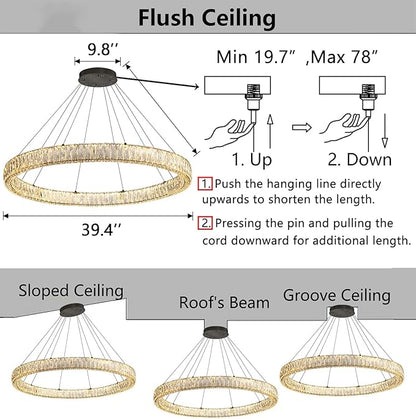 HAIXIANG Modern Crystal Chandelier Dimmable Large Ring LED Pendant Lights Adjustable Glam Chandeliers Lighting Fixtures for Dining Room Living Room Bedroom Black Light