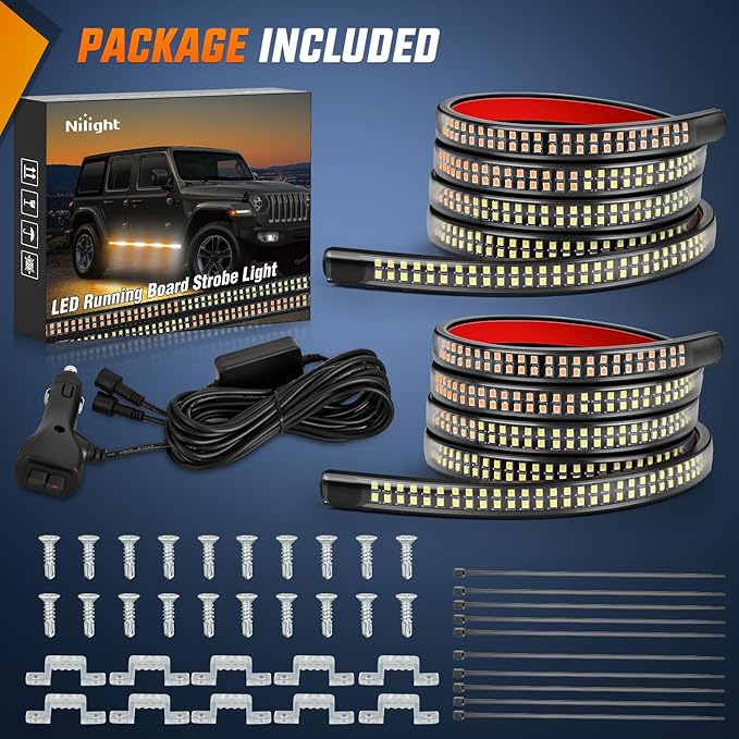 Nilight 2PCS 70 Inch Emergency Strobe Light Strip 1125 LED Running Board Lights Amber White Flexible Side Flashing Warning Caution Safety Waterproof for Truck Construction Vehicles Pickup