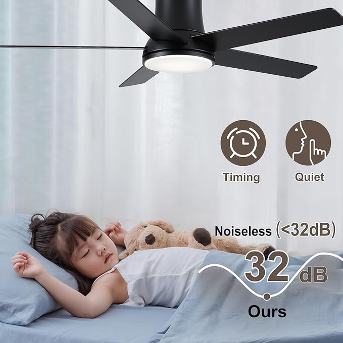 52 Inch Ceiling Fans with Lights and Remote, Flush Mount Black Ceiling Fan for Bedroom Living Room Indoor/Outdoor, Quiet 6 Speed Reversible DC Motor, 3CCT, Dual Color 5 Blades, ETL Listed