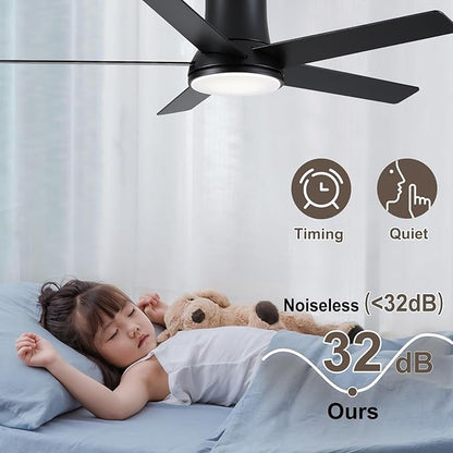 52 Inch Ceiling Fans with Lights and Remote, Flush Mount Black Ceiling Fan for Bedroom Living Room Indoor/Outdoor, Quiet 6 Speed Reversible DC Motor, 3CCT, Dual Color 5 Blades, ETL Listed