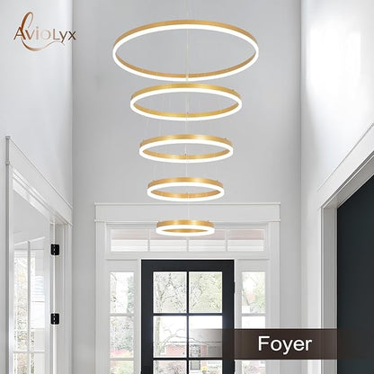 5 Rings Modern LED Chandelier Gold Large High Ceiling Chandeliers with Remote Control Contemporary Pendant Light Dimmable for Staircase Entryway Living Room Foyer Villa(3000K-6500K D31.5)