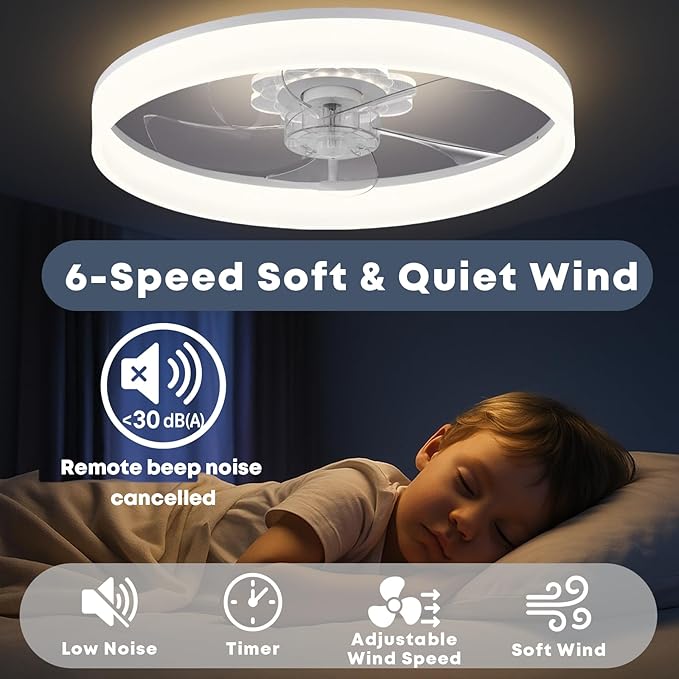 Fszdorj 20'' Ceiling Fan with Light, Upgraded Low Profile Fan, Flush Mount Ceiling Fan, 6 Speeds, Dimmable LED, App & Remote Control, Quiet DC Motor, for Bedroom, Living Room, F116 White