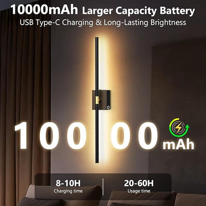1 Pack Battery Operated Wall Sconce - 10000mAh Wireless Sconce Rechargeable Wall Light with Remote and Touch, 360° Rotate 4CCT Cordless Wall Lamp for Bedroom Living Room Hallway, 31.5 Inch, Black