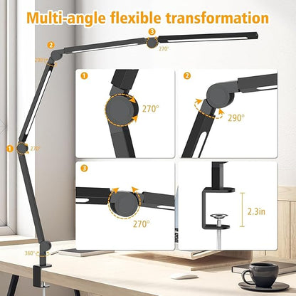 AILBTON Bright LED Desk Lamp with Clamp,Eye Caring Architect Led Desk Lights with Adjustable Swing Arm for Office Home,Dimming and Tempering Led Table Light