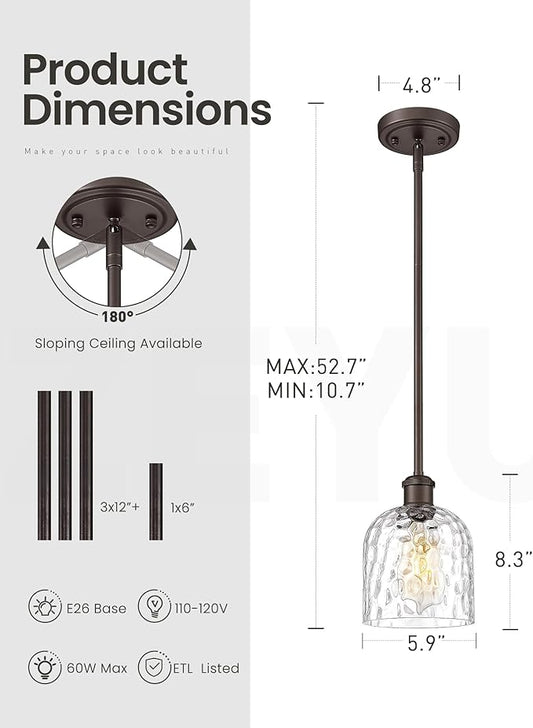 zeyu 1-Light Island Pendant Light for Kitchen, Single Pendant Light Kitchen Island, Adjustable Hanging Lamp with Clear Hammered Glass, Oil Rubbed Bronze Finish, ZJF63MIL-L ORB