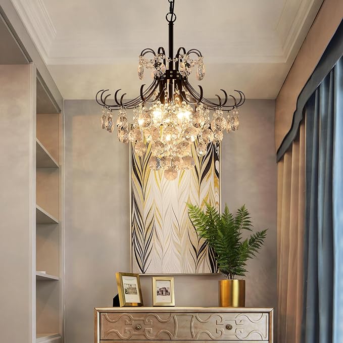 Black Crystal Chandeliers, 4-Light Modern Dining Room Light Fixture, Living Room Bedroom Pendant Ceiling Lamp, Industry Adjustable Hanging Light, H 17.7'' x W 18.1''