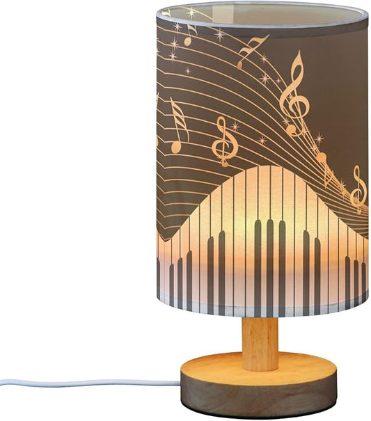 Gold Music Note with Piano Key Musical Instrument on Black Table Lamp with Wood Base Fabric Lamp Shade Bedside Nightstand Desk Lamp for Living Room Bedroom Kids Room Office