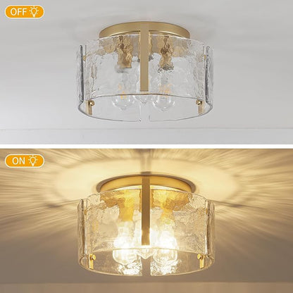 15'' Modern Gold Semi Flush Mount Ceiling Light, 3-Light Glass Drum Light Fixtures, Ceiling Lights for Hallway Entryway Foyer Bedroom Kitchen Island Dining Room Laundry Room Bathroom Lighting Fixture