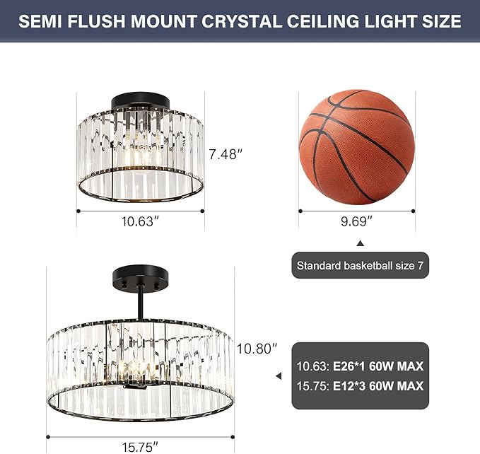 Modern Ceiling Light, Crystal Hallway Semi Flush Mount Ceiling Lighting Fixture, Black Metal Close to Ceiling Lamp for Bathroom Entryway Bedroom Porch Kitchen Living Room