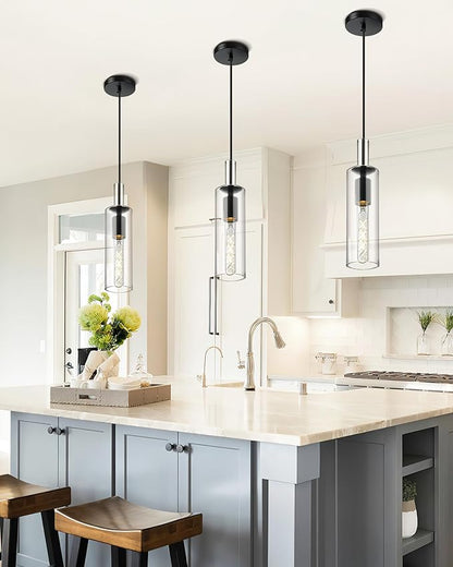 AUTELO 2 Pack Pendant Lights Kitchen Island, Modern Black Pendant Lights, Cylinder Glass Pendant Light Fixtures, Kitchen Pendant Lighting Over Island, H3875 BKNR-2PK