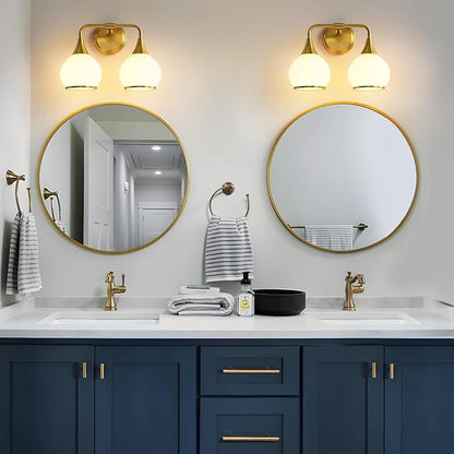 Brushed Gold Bathroom Light Fixtures 2-Lights Vanity Lights with Milky White Frosted Glass Shade Bathroom Vanity Light 14 inch Wall Sconce Lighting Bath(Exclude E26 Bulb)