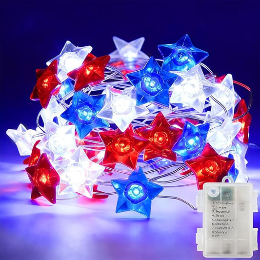 WATERGLIDE 1 Pack 4th of July String Lights, 16FT 50LED Red White and Blue Patriotic Star Lights, Battery Operated with 8 Modes & Timer, Waterproof Indoor Outdoor for Memorial Day Independence Day