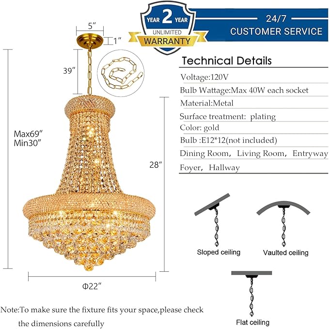 Crystal Chandeliers for Dining Room Light Fixture,Empire Style K9 Crystal Chandeliers for Entryway,12 Lights Gold Luxury Lighting Fixtures for Living Room Stairway Bedroom Foyer D22 Inch