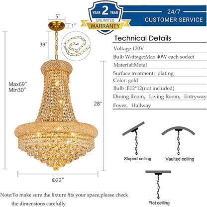 Crystal Chandeliers for Dining Room Light Fixture,Empire Style K9 Crystal Chandeliers for Entryway,12 Lights Gold Luxury Lighting Fixtures for Living Room Stairway Bedroom Foyer D22 Inch