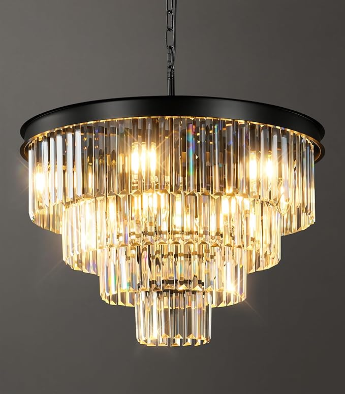 Modern Crystal Chandeliers For Dining Room: 24 Inch Black Round Luxury Chandelier Over Table - 4 Tiers Ceiling Hanging Pendant Lighting Fixture For Living Room Kitchen Island Bedroom Entryway Foyer