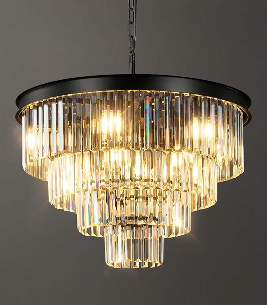 Modern Crystal Chandeliers For Dining Room: 24 Inch Black Round Luxury Chandelier Over Table - 4 Tiers Ceiling Hanging Pendant Lighting Fixture For Living Room Kitchen Island Bedroom Entryway Foyer