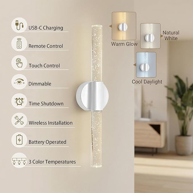Battery Operated Wall Sconces Set of 2, Rechargeable Wall Lights with Remote Control & Dimmable, Wireless Wall Lamp Fixtures Not Hardwired for Bedroom Living Room Hallway (5400mAh, White)