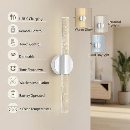 Battery Operated Wall Sconces Set of 2, Rechargeable Wall Lights with Remote Control & Dimmable, Wireless Wall Lamp Fixtures Not Hardwired for Bedroom Living Room Hallway (5400mAh, White)