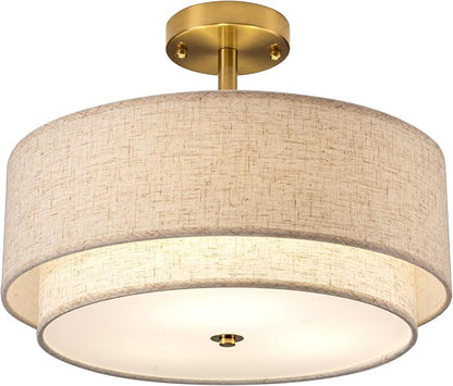 16" Semi Flush Mount Ceiling Light Fixture,Modern Close to Ceiling Light, 3-Lights Gold Drum Ceiling Light with Linen Fabric Shade for Bedroom Living Dining Room Hallway Entryway Foyer