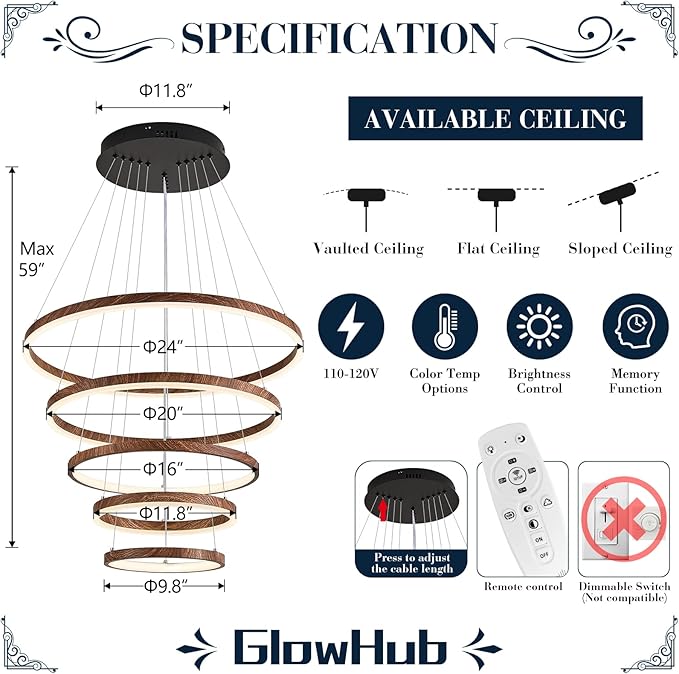 5 Ring LED Chandelier Wood Grain Finish Modern Round Chandelier Dimmable Foyer Pendant Light Fixture with Remote High Ceiling Hanging Chandelier for Dining Room Living Room Staircase, D24" 3000-6500K