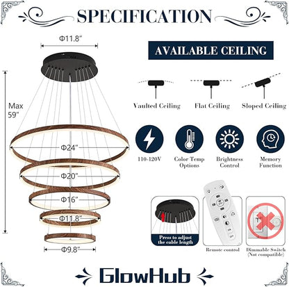 5 Ring LED Chandelier Wood Grain Finish Modern Round Chandelier Dimmable Foyer Pendant Light Fixture with Remote High Ceiling Hanging Chandelier for Dining Room Living Room Staircase, D24" 3000-6500K