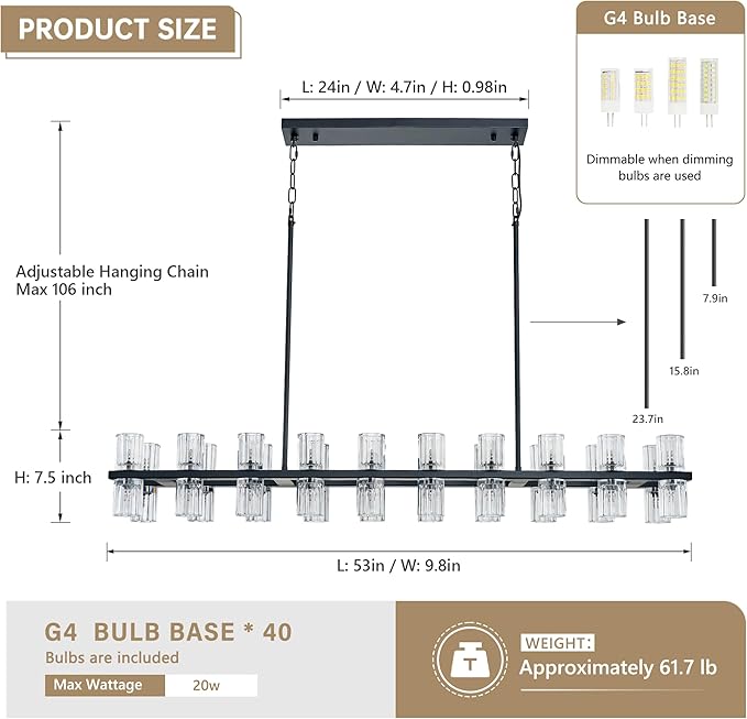 Black Rectangular Crystal Chandelier for Dining Room, 53 in Light Fixture Chandelier Over Table, Modern Crystal Chandelier Pendant Light for Kitchen Island Living Room