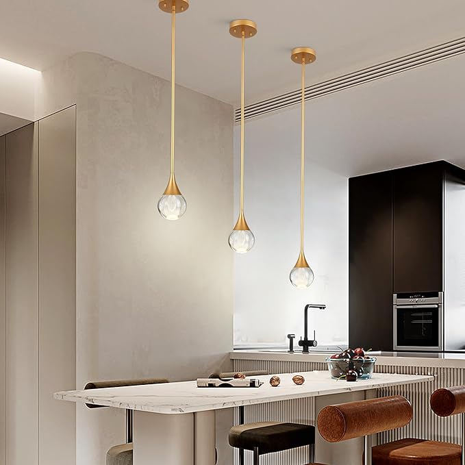 2-Pendant Lights Kitchen Island, Brass Gold Globe Crystal Ceiling Hanging Light Fxitures, LED Light Fixtures Metal Rod Ceiling Glass Pendant Lighting for Kitchen Island Dining Room Bar