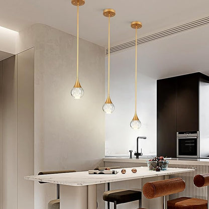 2-Pendant Lights Kitchen Island, Brass Gold Globe Crystal Ceiling Hanging Light Fxitures, LED Light Fixtures Metal Rod Ceiling Glass Pendant Lighting for Kitchen Island Dining Room Bar