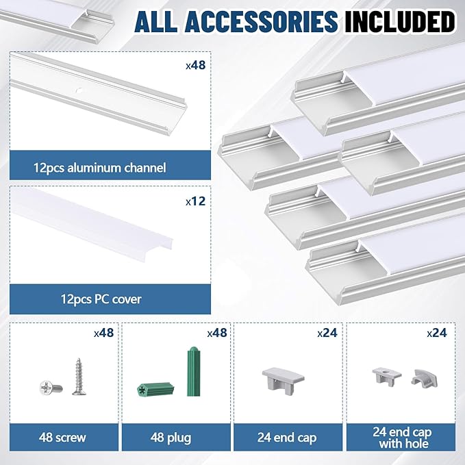 Glooglitter 12 Pack 3.3ft Pre-drilled Countersunk Hole LED Channel Diffuser U Light Strip Aluminum Track with Cover Screw End Cap Easy Cut Tight Flush Mounted Cabinet Tape Light Strip(Milky White)