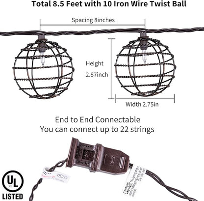 Decorative String Lights Indoor Outdoor, Patio Lantern Style String Lights with 10 Warm White Mini Bulbs, UL Listed Connectable Weatherproof Plug In Lights for Home Decoration(Iron Wire Twist Ball)