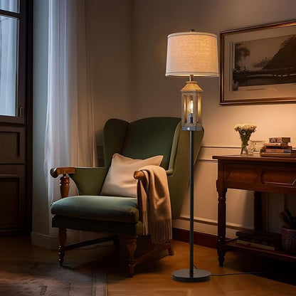 G-SAFAVA 63" Farmhouse Floor Lamps for Living Room Bedside Nightstand Lamp Black Tall Standing Lamp for Home Decor Bedroom Reading Wood Lamp Rustic Bed Lights with 2 Light Sources