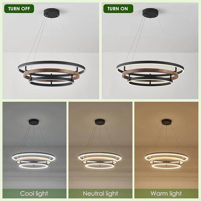 Benkut Modern LED Chandelier Black Dimmable 3 Ring Pendant Light for Dining Room, Kitchen Chandelier Circular with Remote Control Flush Mount High Ceiling Light for Living Room, 3000K-6500K