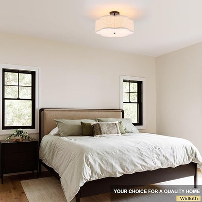 18" Semi Flush Mount Ceiling Light 3-Light Modern Linen Drum Ceiling Lighting with Black Finish, Vintage Ceiling Light for Living Room, Kitchen, Basement, Laundry Room, Bedroom